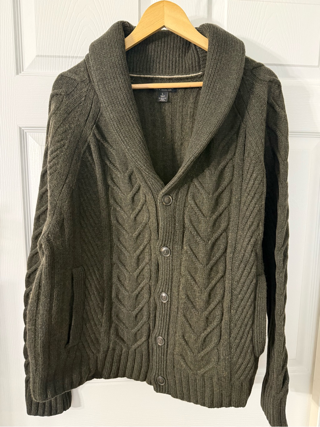 Men's Shawl Collar Cable Knit Wool Sweater Cardigan - Olive Green
